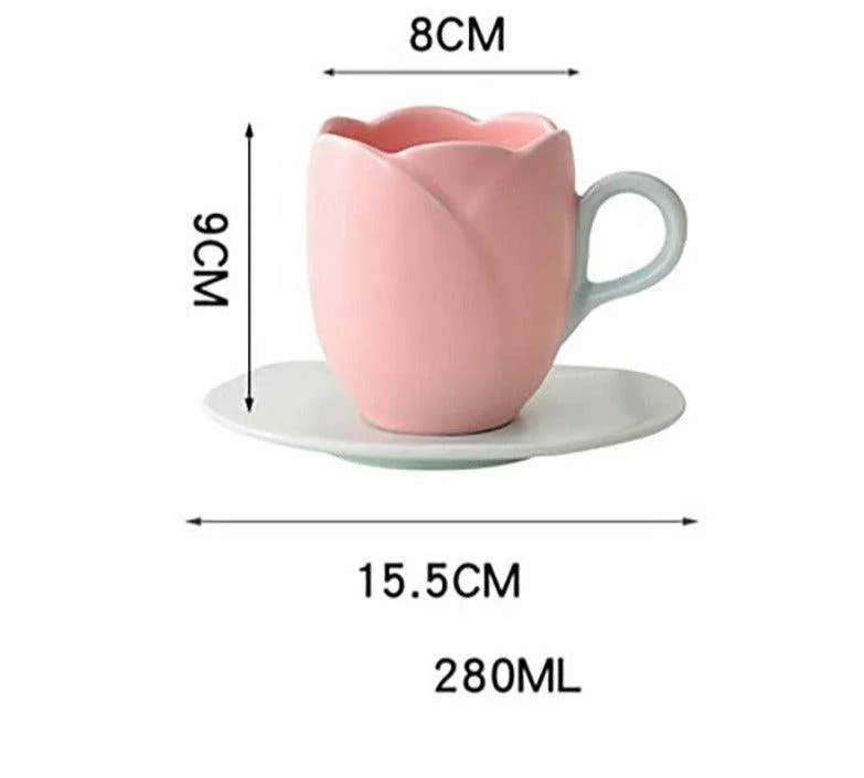 Aesthetic Ceramic Tulip Shaped Coffee Mug Saucer Set -