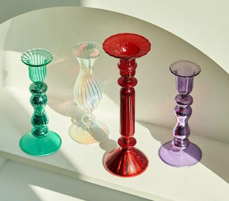 Aesthetic Colorful Red Glass Taper Candle Holders -