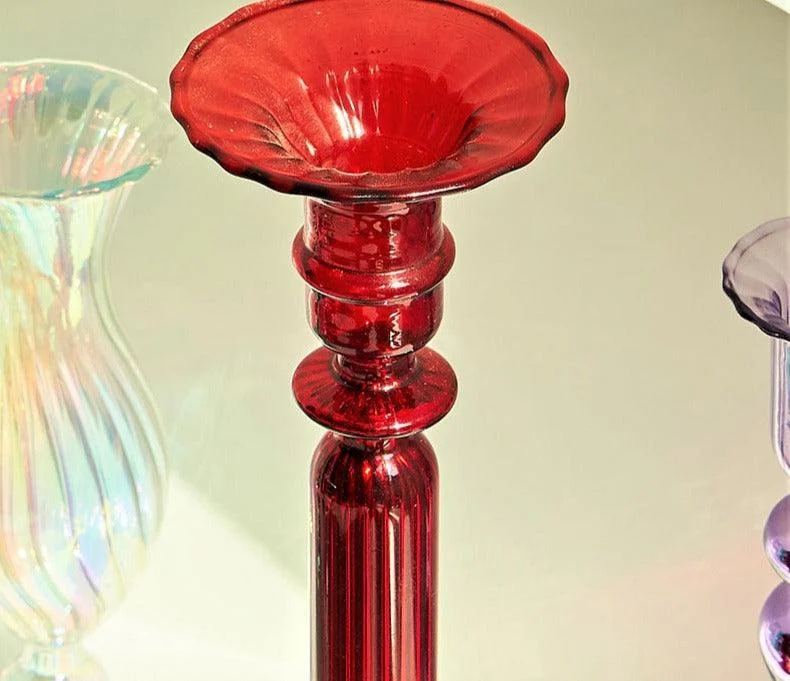 Aesthetic Colorful Red Glass Taper Candle Holders -