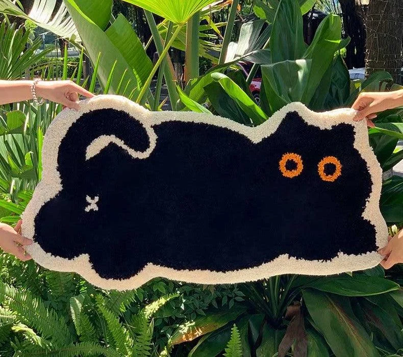 Aesthetic Fluffy Black Cat Rug -