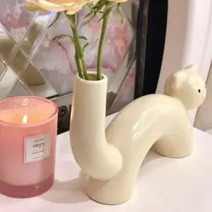Aesthetic Yellow Cream Ceramic Cat Vase - 
