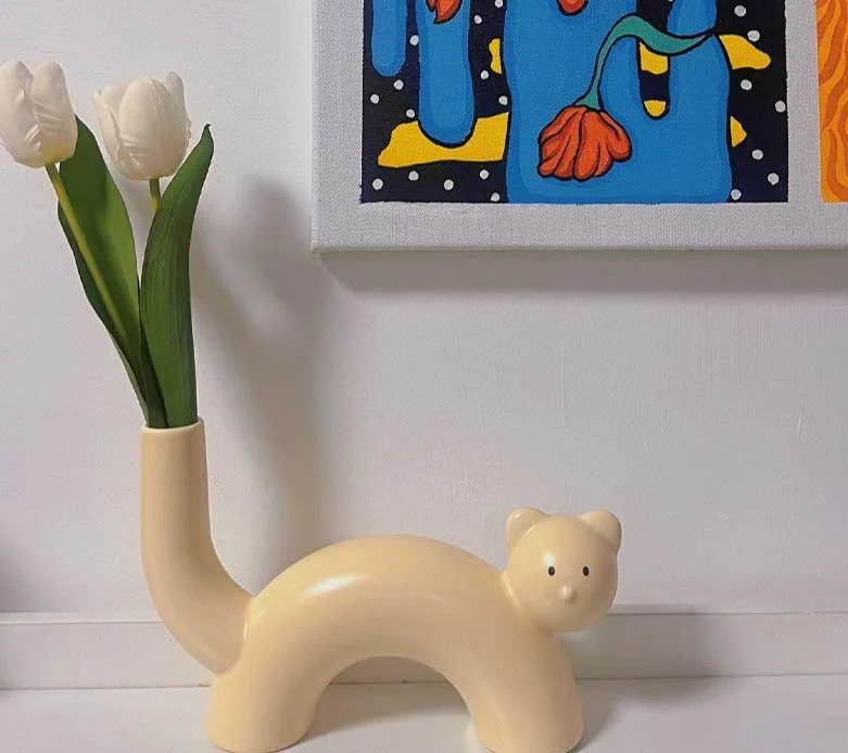 Aesthetic Yellow Cream Ceramic Cat Vase -