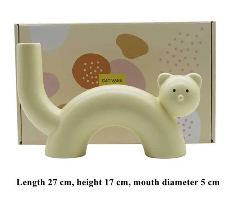 Aesthetic Yellow Cream Ceramic Cat Vase -