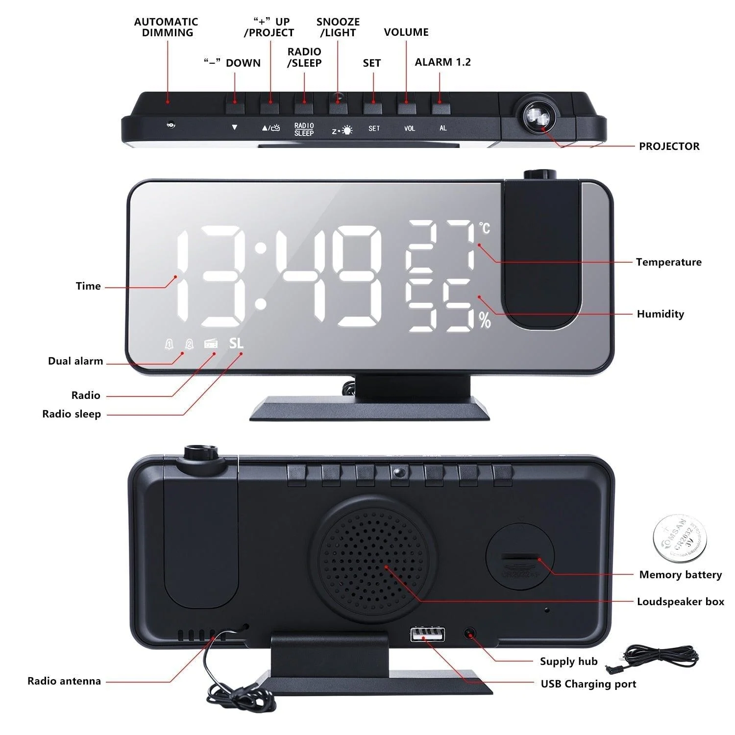 Alarm clock - LumiPro - LED Screen - USB Charger -  - #tag1#