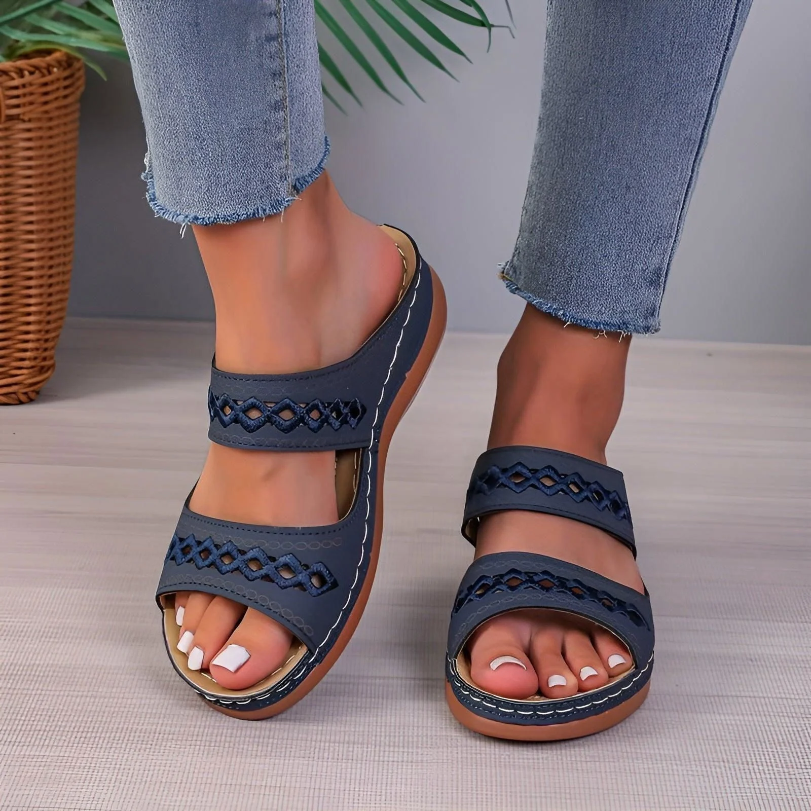 Alesha - Women's Dual Tone Diamond Slides - Non-Slip Wedge Sandals -  - #tag1#