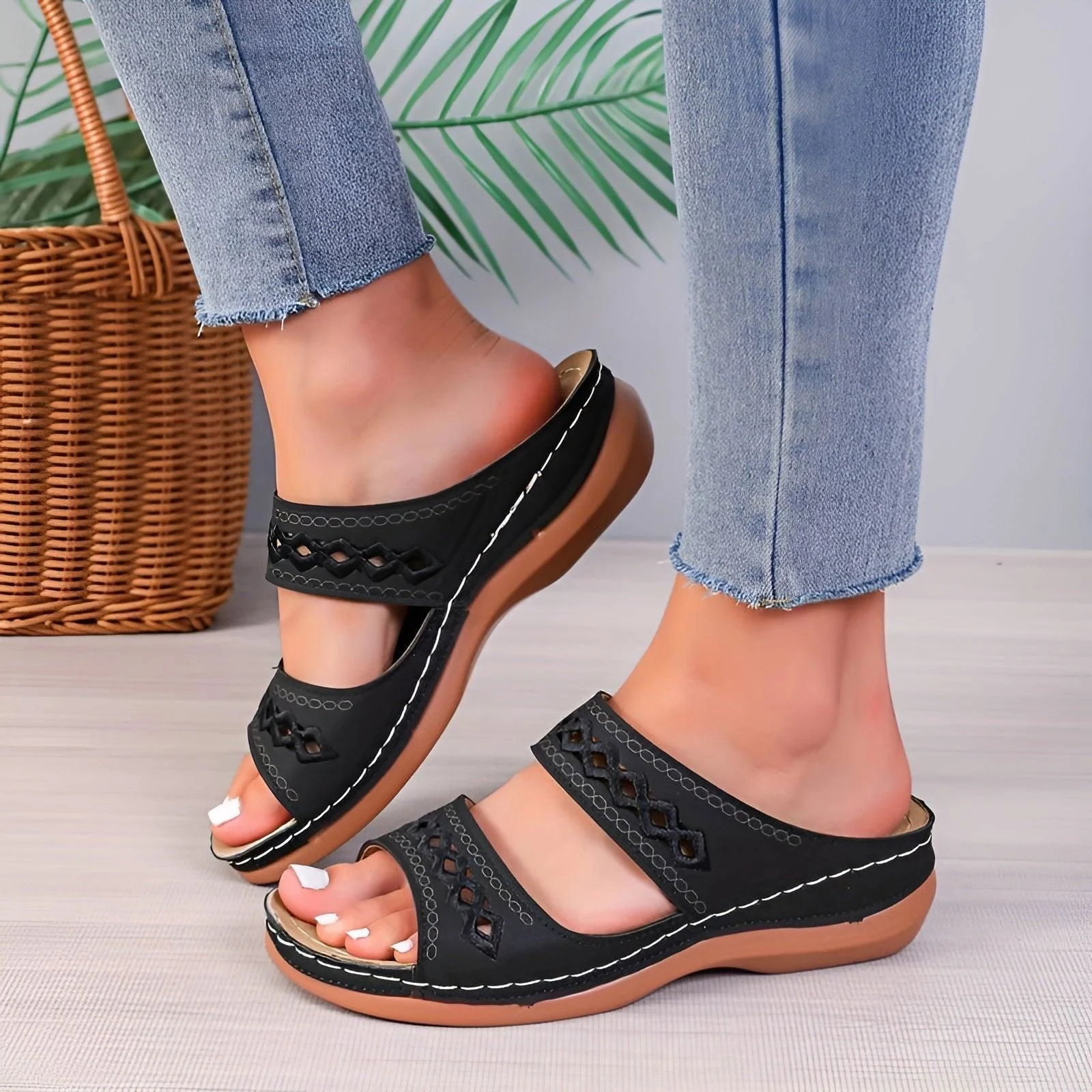 Alesha - Women's Dual Tone Diamond Slides - Non-Slip Wedge Sandals -  - #tag1#
