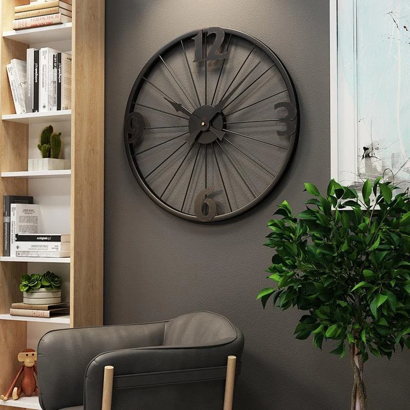 American Style Retro Living Room Wall Clock Modern Minimalist Metal Black Quartz Clock Creative Iron Industrial