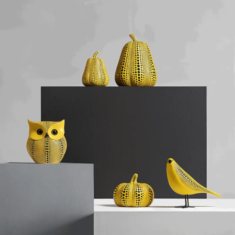 Art Dotted Yellow Pumpkin Decor Modern Pumpkin and Owl Statue tag1