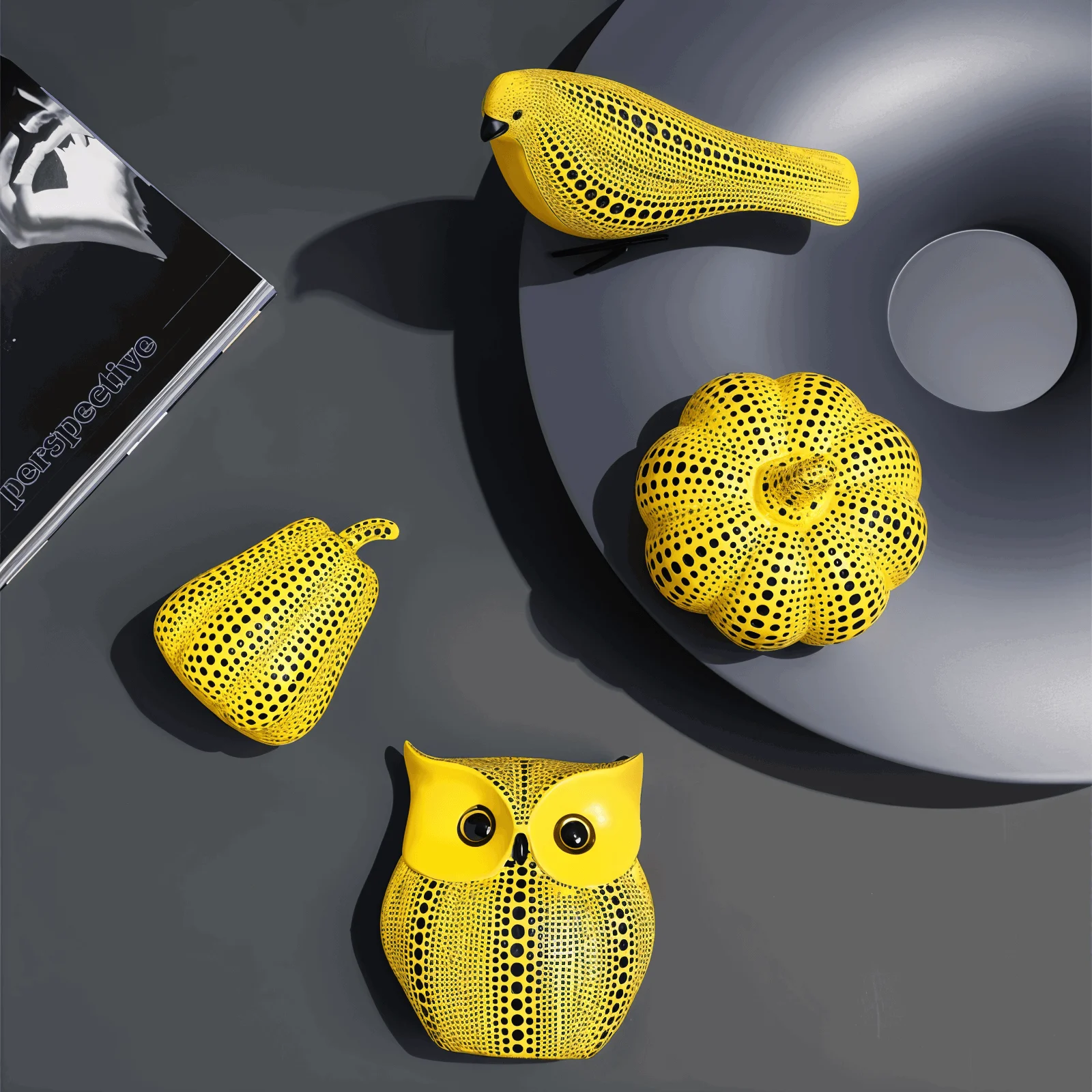 Art Dotted Yellow Pumpkin Décor - Modern Pumpkin and Owl Statue -  - #tag1#