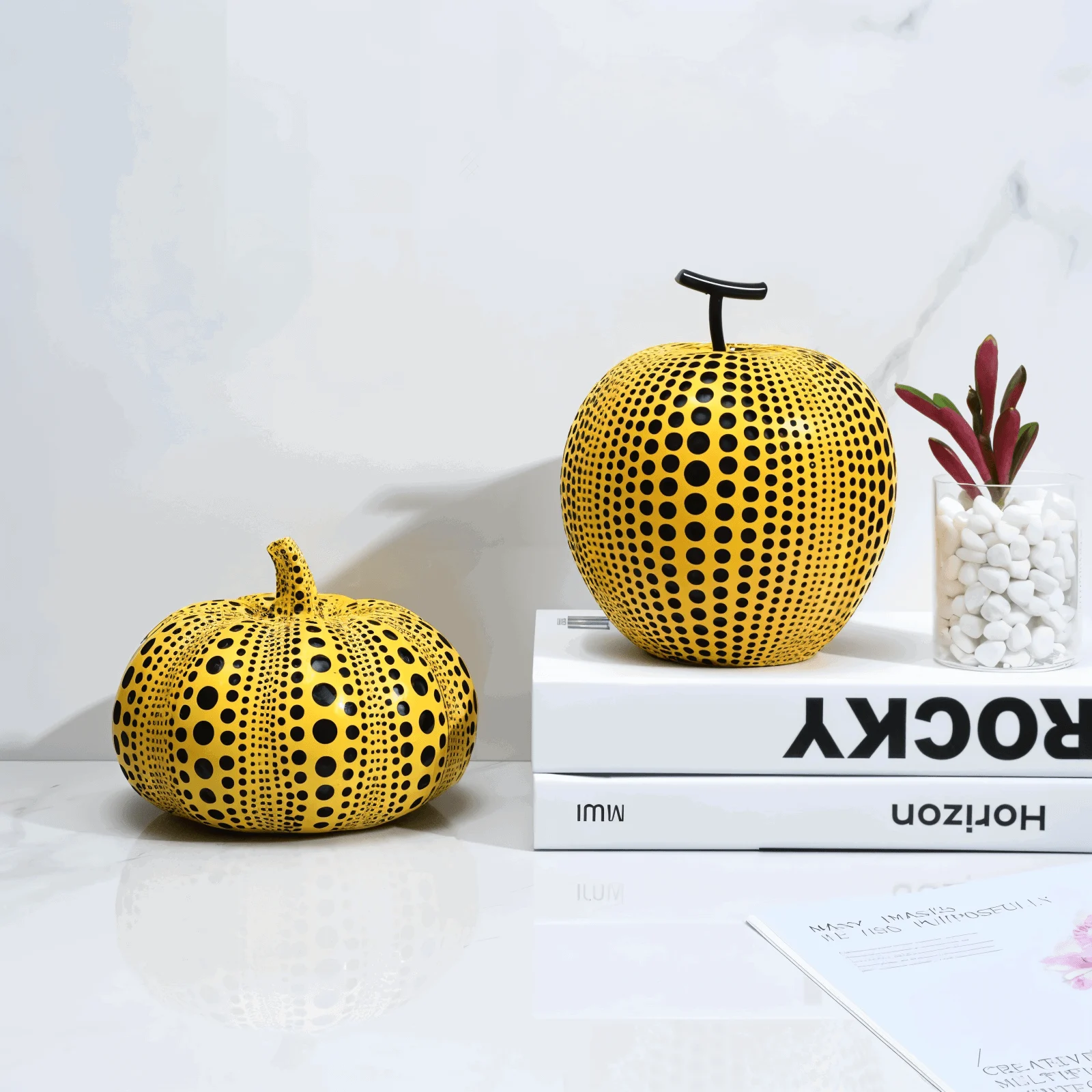 Art Dotted Yellow Pumpkin Décor - Modern Pumpkin and Owl Statue -  - #tag1#
