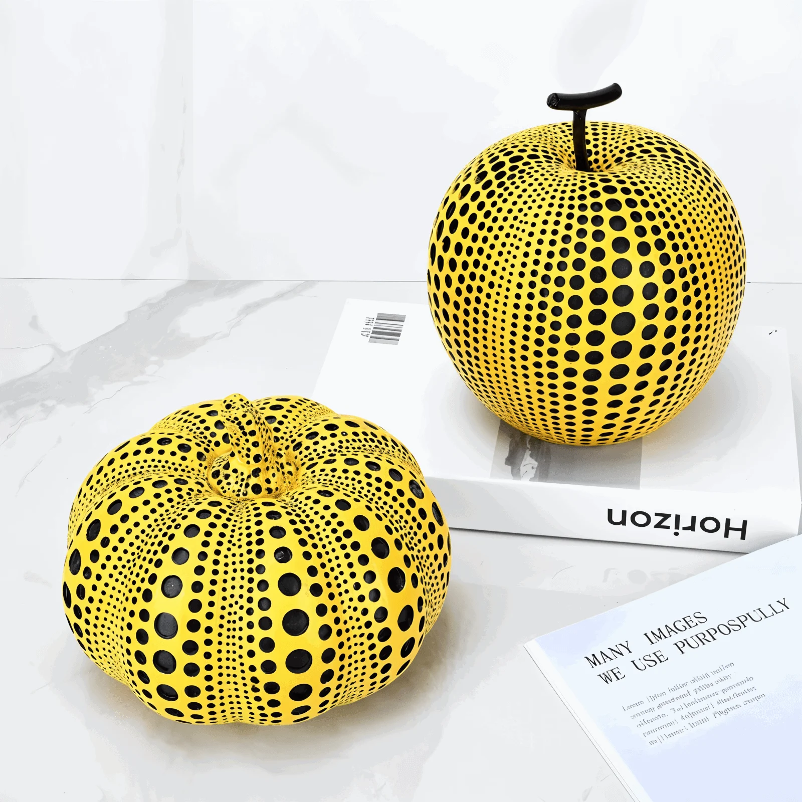 Art Dotted Yellow Pumpkin Décor - Modern Pumpkin and Owl Statue -  - #tag1#