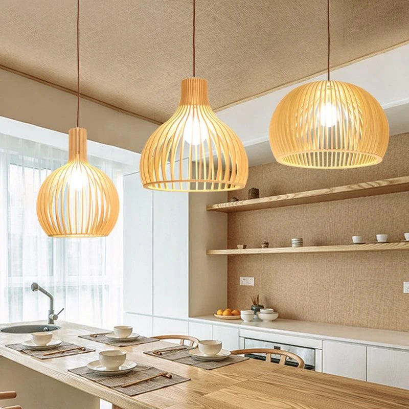 Asian Bamboo Pendant Lamp with Flared/Hemisphere/Onion Design 1 Light Beige Small/Large Hanging Light Fixture for Dining Room -  - #tag1#