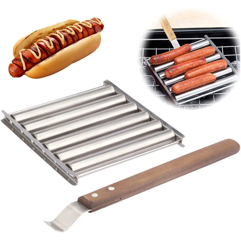 BBQ Hot Dog Roller Stainless Steel Sausage Griller with Wooden Handle -  - #tag1#