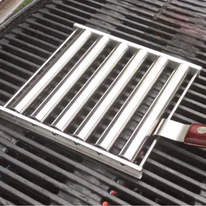 BBQ Hot Dog Roller Stainless Steel Sausage Griller with Wooden Handle -  - #tag1#