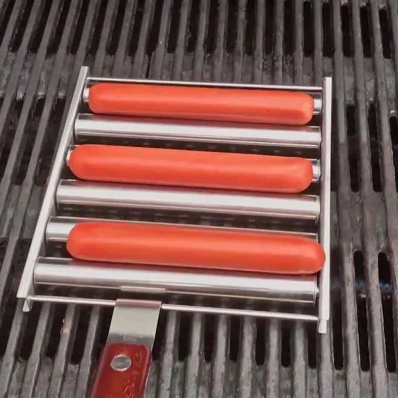 BBQ Hot Dog Roller Stainless Steel Sausage Griller with Wooden Handle -  - #tag1#