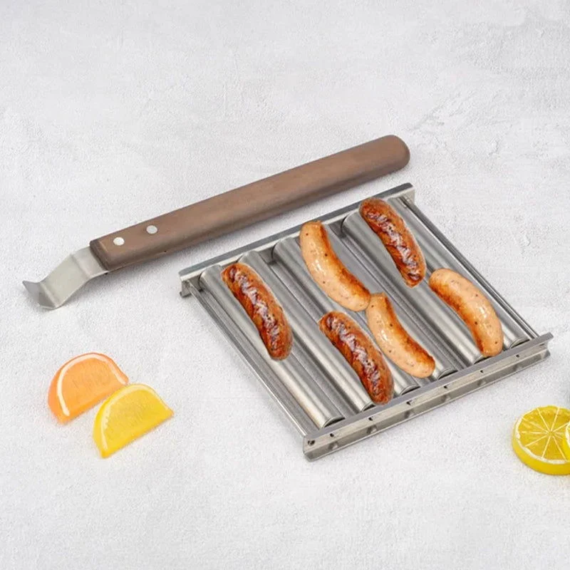 BBQ Hot Dog Roller Stainless Steel Sausage Griller with Wooden Handle -  - #tag1#