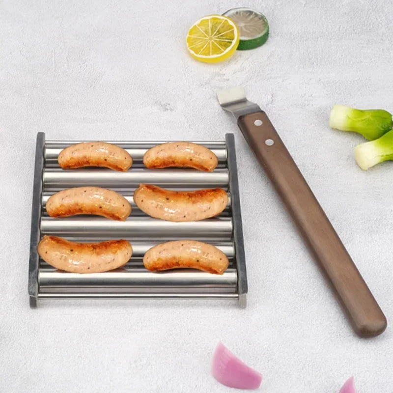BBQ Hot Dog Roller Stainless Steel Sausage Griller with Wooden Handle -  - #tag1#
