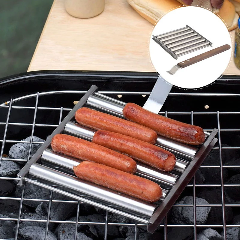 BBQ Hot Dog Roller Stainless Steel Sausage Griller with Wooden Handle -  - #tag1#