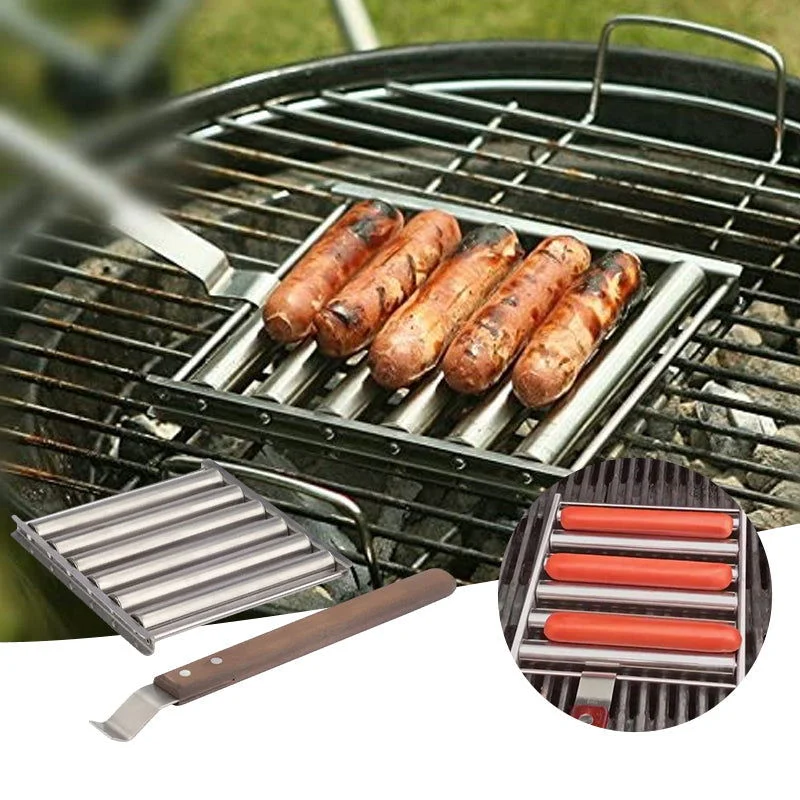 BBQ Hot Dog Roller Stainless Steel Sausage Griller with Wooden Handle -  - #tag1#