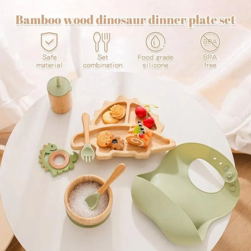 Bamboo Dinosaur Dinner Set: 7pcs, BPA-Free, Suction Bowls for Children -