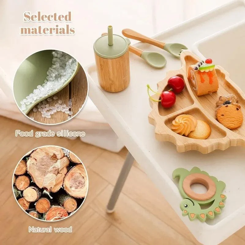 Bamboo Dinosaur Dinner Set: 7pcs, BPA-Free, Suction Bowls for Children -