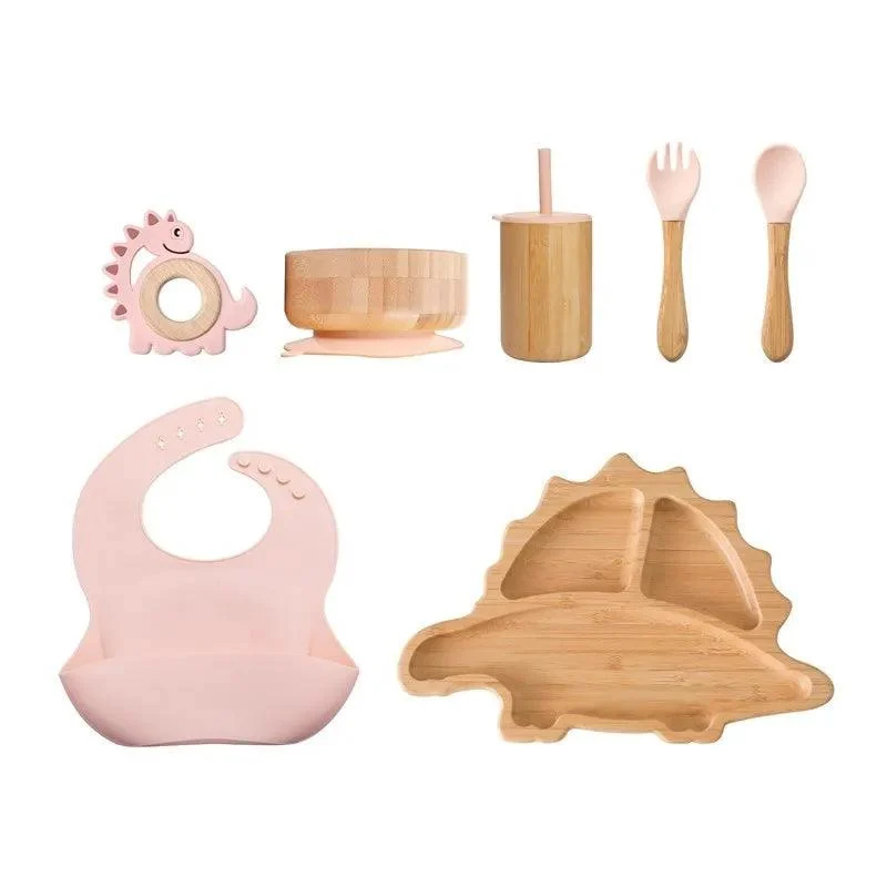 Bamboo Dinosaur Dinner Set: 7pcs, BPA-Free, Suction Bowls for Children -