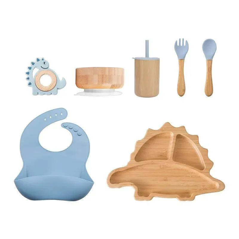 Bamboo Dinosaur Dinner Set: 7pcs, BPA-Free, Suction Bowls for Children -