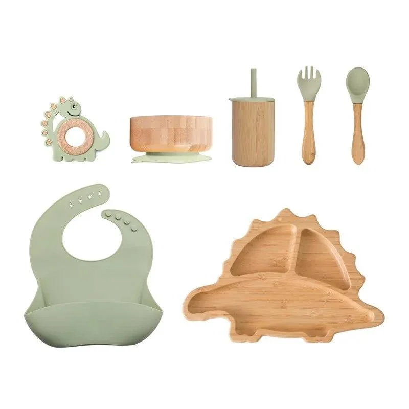 Bamboo Dinosaur Dinner Set: 7pcs, BPA-Free, Suction Bowls for Children -