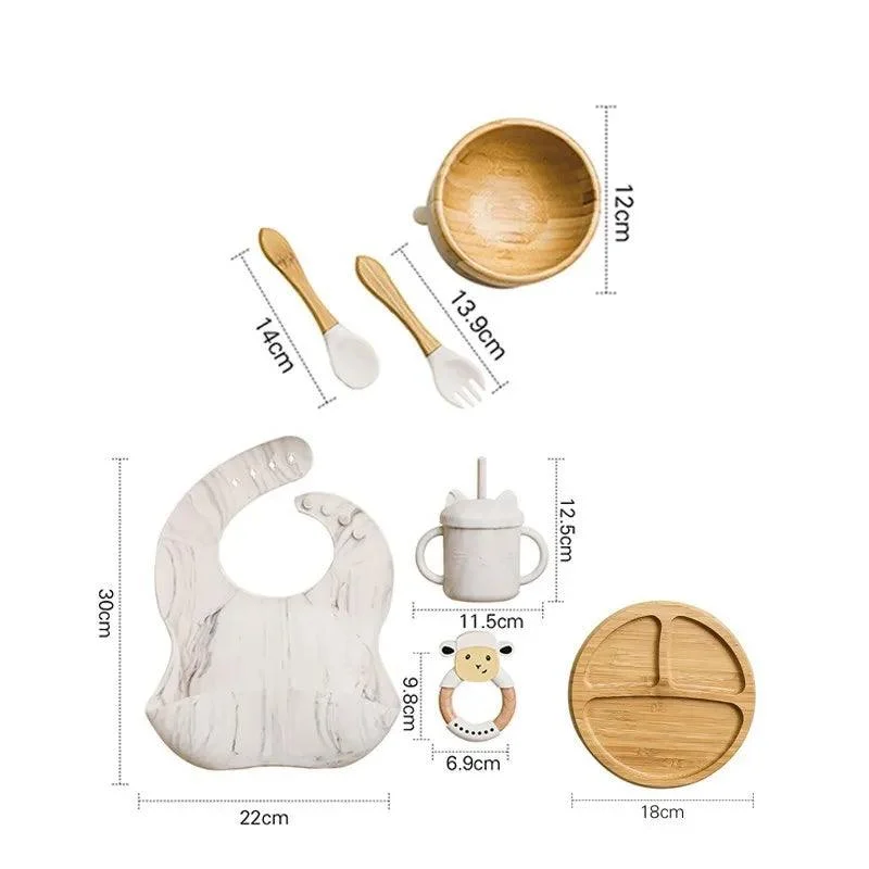 Bamboo Dinosaur Dinner Set: 7pcs, BPA-Free, Suction Bowls for Children -