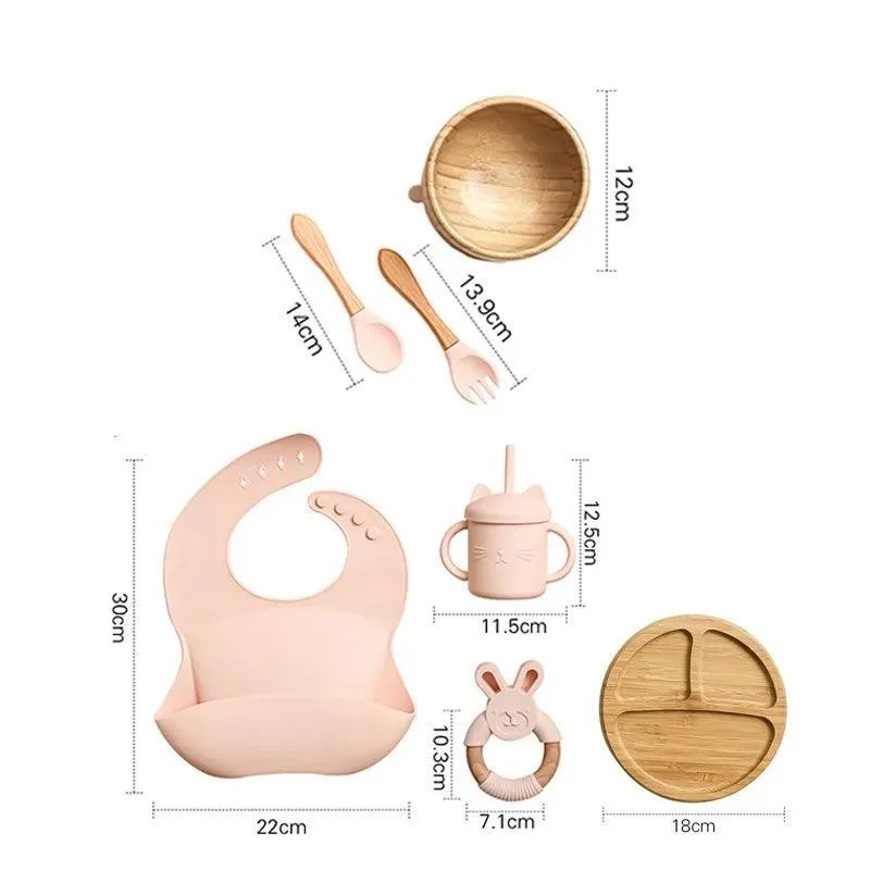 Bamboo Dinosaur Dinner Set: 7pcs, BPA-Free, Suction Bowls for Children -