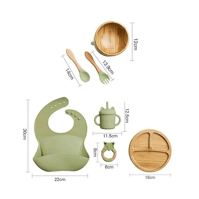 Bamboo Dinosaur Dinner Set: 7pcs, BPA-Free, Suction Bowls for Children -