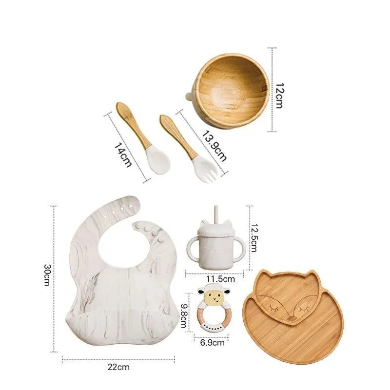 Bamboo Dinosaur Dinner Set: 7pcs, BPA-Free, Suction Bowls for Children -