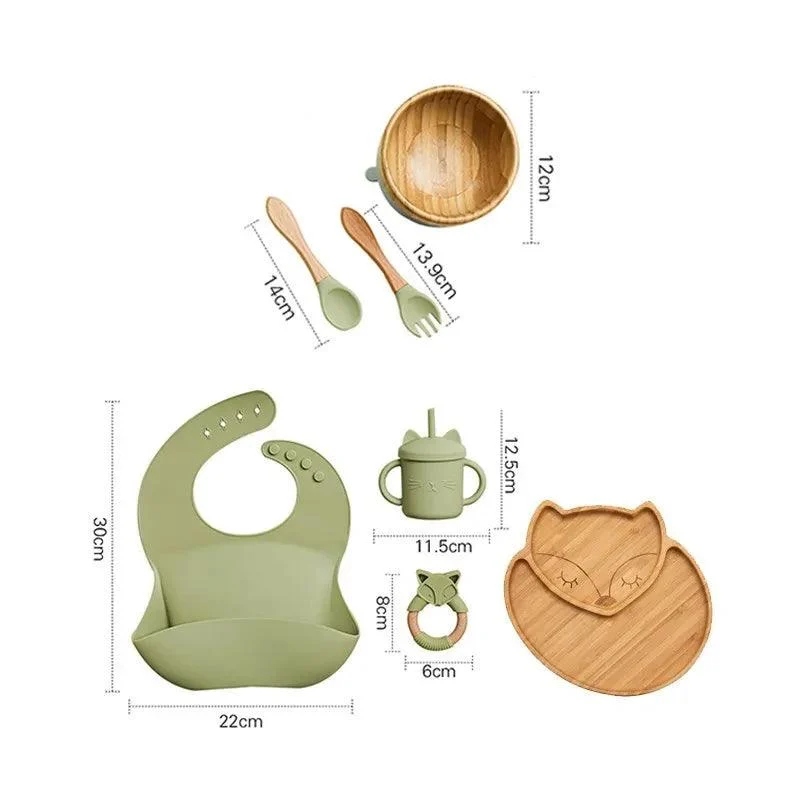 Bamboo Dinosaur Dinner Set: 7pcs, BPA-Free, Suction Bowls for Children -