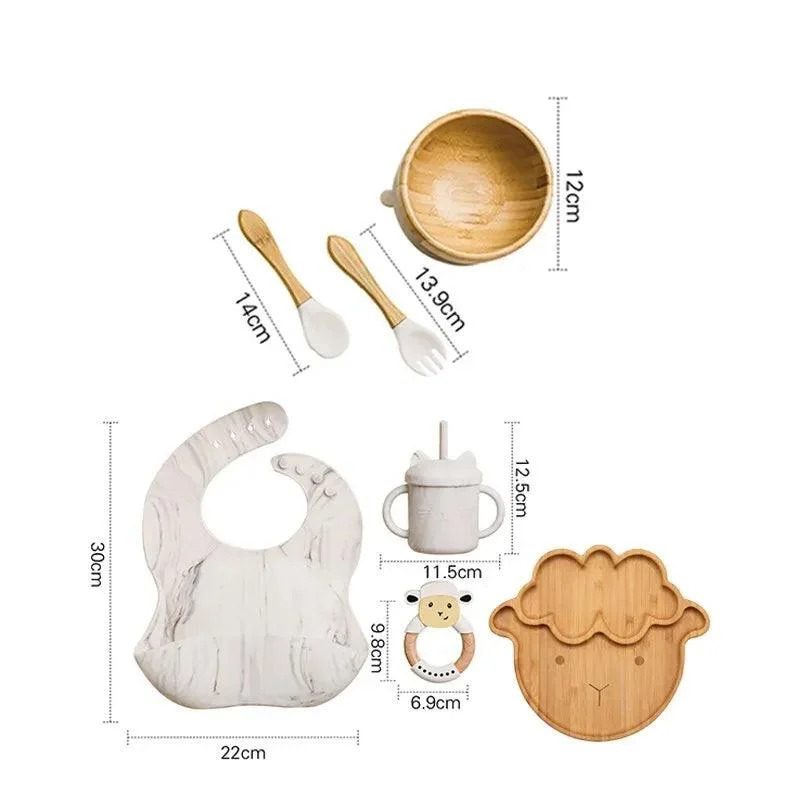 Bamboo Dinosaur Dinner Set: 7pcs, BPA-Free, Suction Bowls for Children -