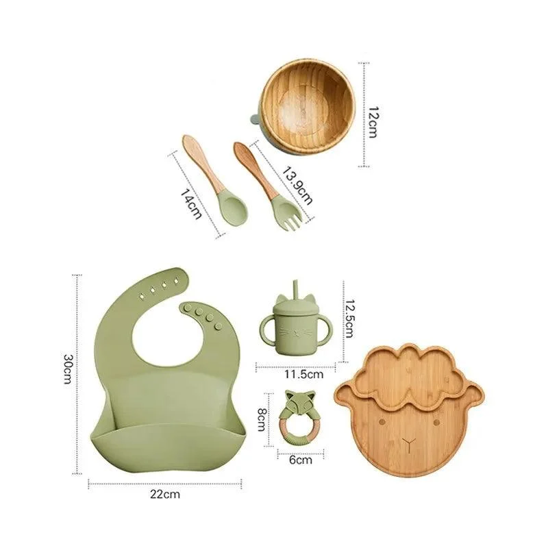 Bamboo Dinosaur Dinner Set: 7pcs, BPA-Free, Suction Bowls for Children -