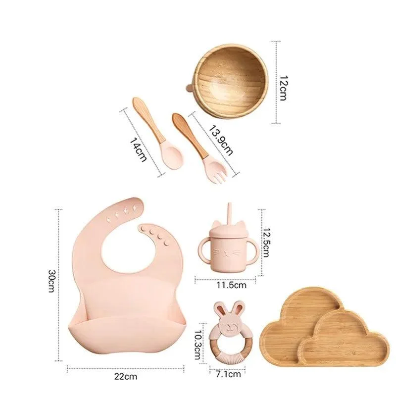 Bamboo Dinosaur Dinner Set: 7pcs, BPA-Free, Suction Bowls for Children -