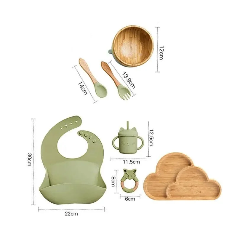 Bamboo Dinosaur Dinner Set: 7pcs, BPA-Free, Suction Bowls for Children -