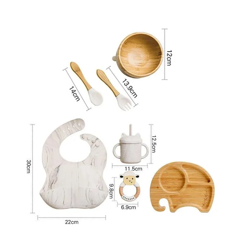 Bamboo Dinosaur Dinner Set: 7pcs, BPA-Free, Suction Bowls for Children -