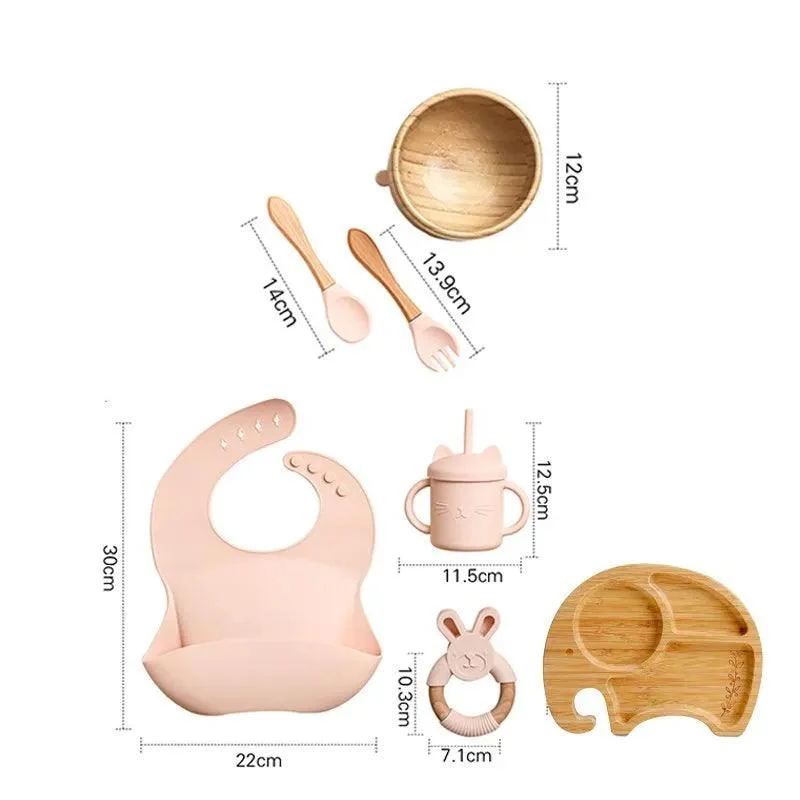 Bamboo Dinosaur Dinner Set: 7pcs, BPA-Free, Suction Bowls for Children -