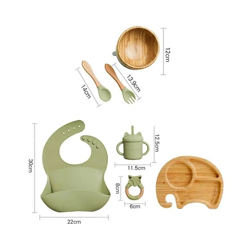 Bamboo Dinosaur Dinner Set: 7pcs, BPA-Free, Suction Bowls for Children -