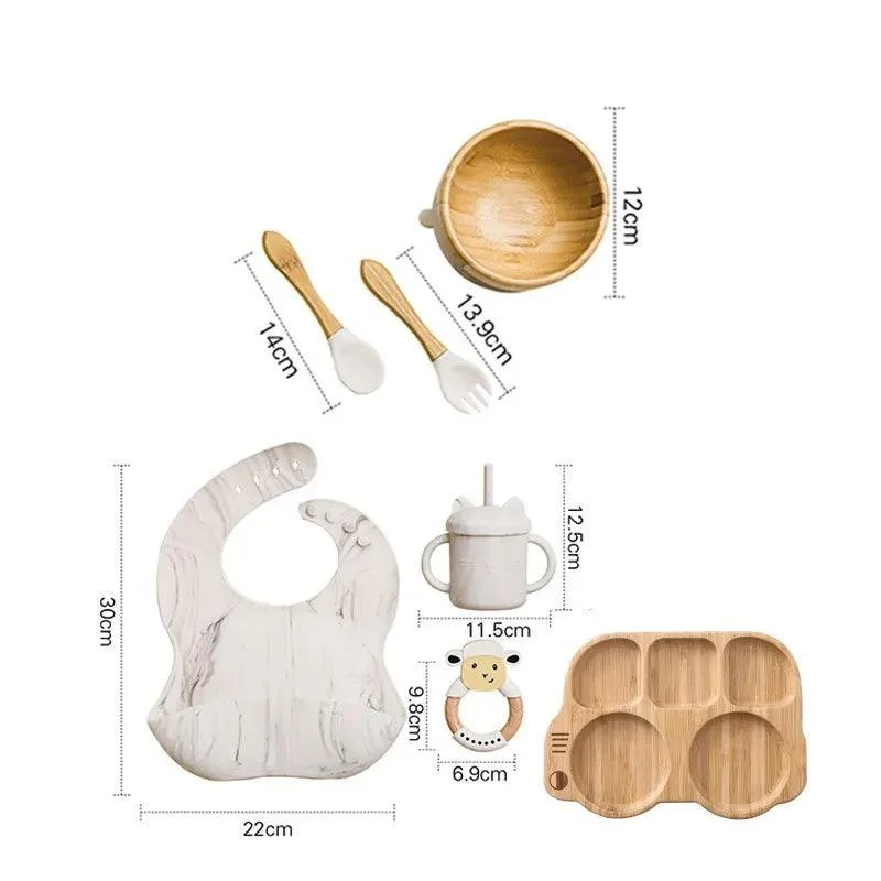 Bamboo Dinosaur Dinner Set: 7pcs, BPA-Free, Suction Bowls for Children -