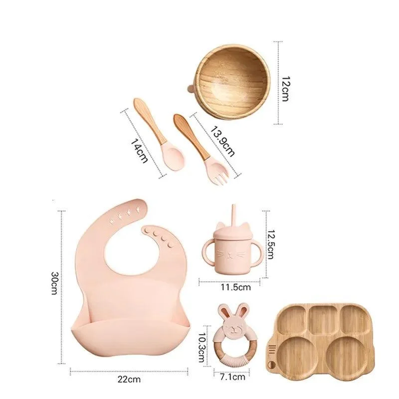 Bamboo Dinosaur Dinner Set: 7pcs, BPA-Free, Suction Bowls for Children -