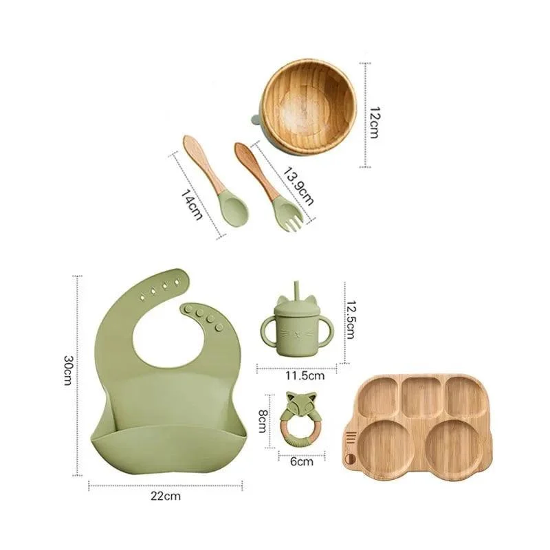 Bamboo Dinosaur Dinner Set: 7pcs, BPA-Free, Suction Bowls for Children -