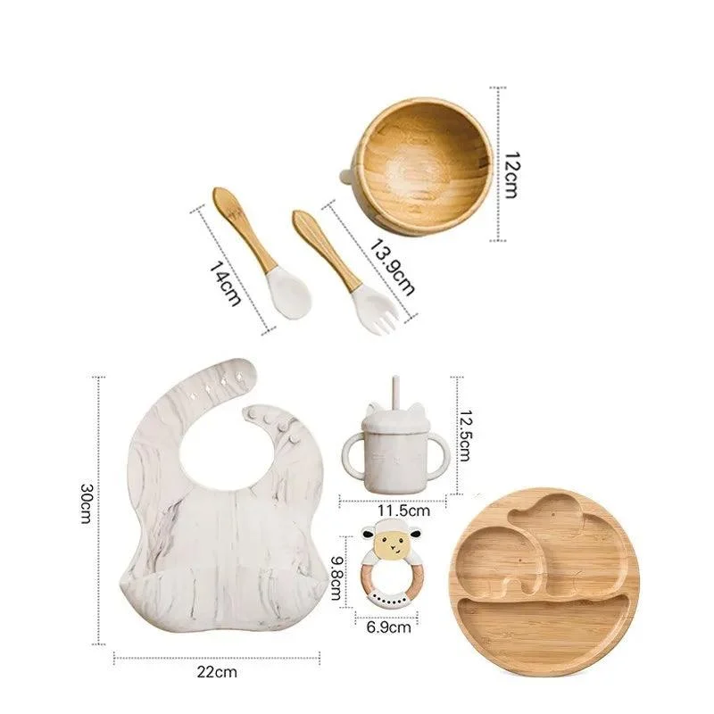 Bamboo Dinosaur Dinner Set: 7pcs, BPA-Free, Suction Bowls for Children -