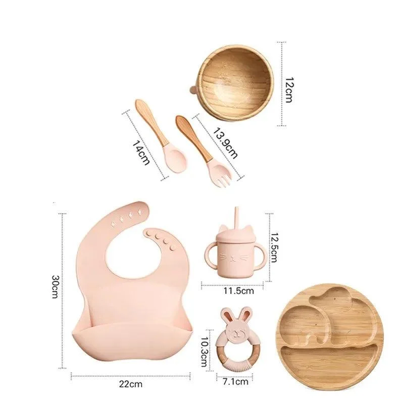 Bamboo Dinosaur Dinner Set: 7pcs, BPA-Free, Suction Bowls for Children -
