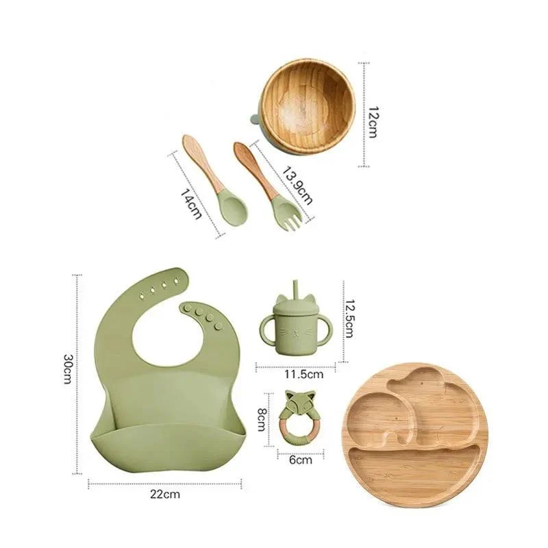 Bamboo Dinosaur Dinner Set: 7pcs, BPA-Free, Suction Bowls for Children -
