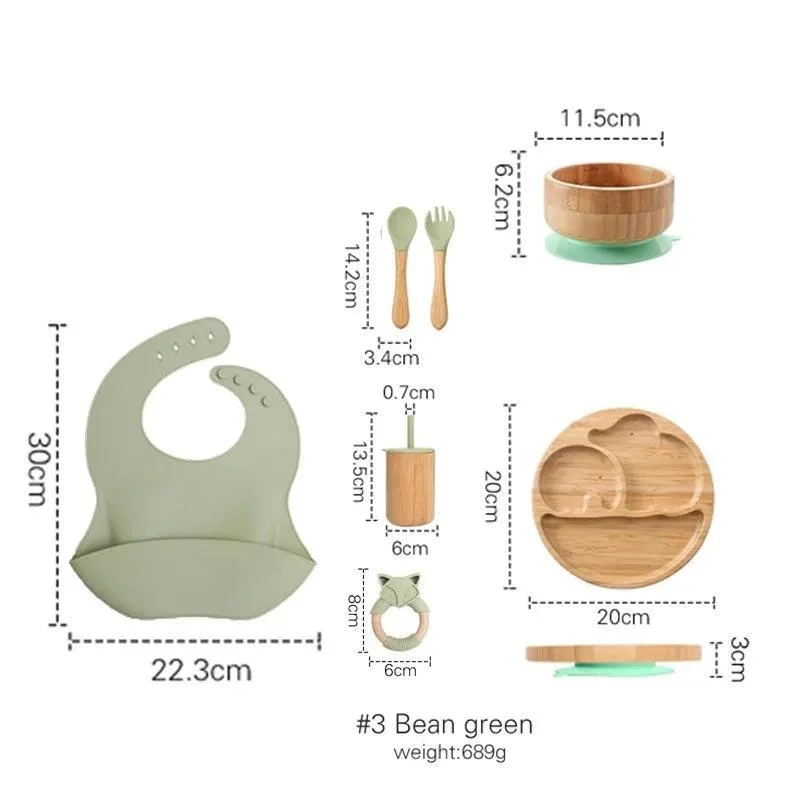 Bamboo Dinosaur Dinner Set: 7pcs, BPA-Free, Suction Bowls for Children -