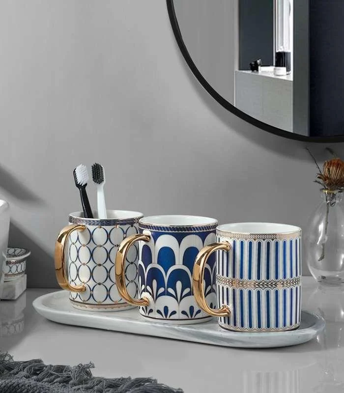 Bathroom Accessories Mouthwash Mug Blue & White Ceramic -  - #tag1#
