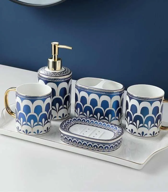 Bathroom Accessories Mouthwash Mug Blue & White Ceramic -  - #tag1#