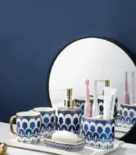 Bathroom Accessories Mouthwash Mug Blue White Ceramic tag1